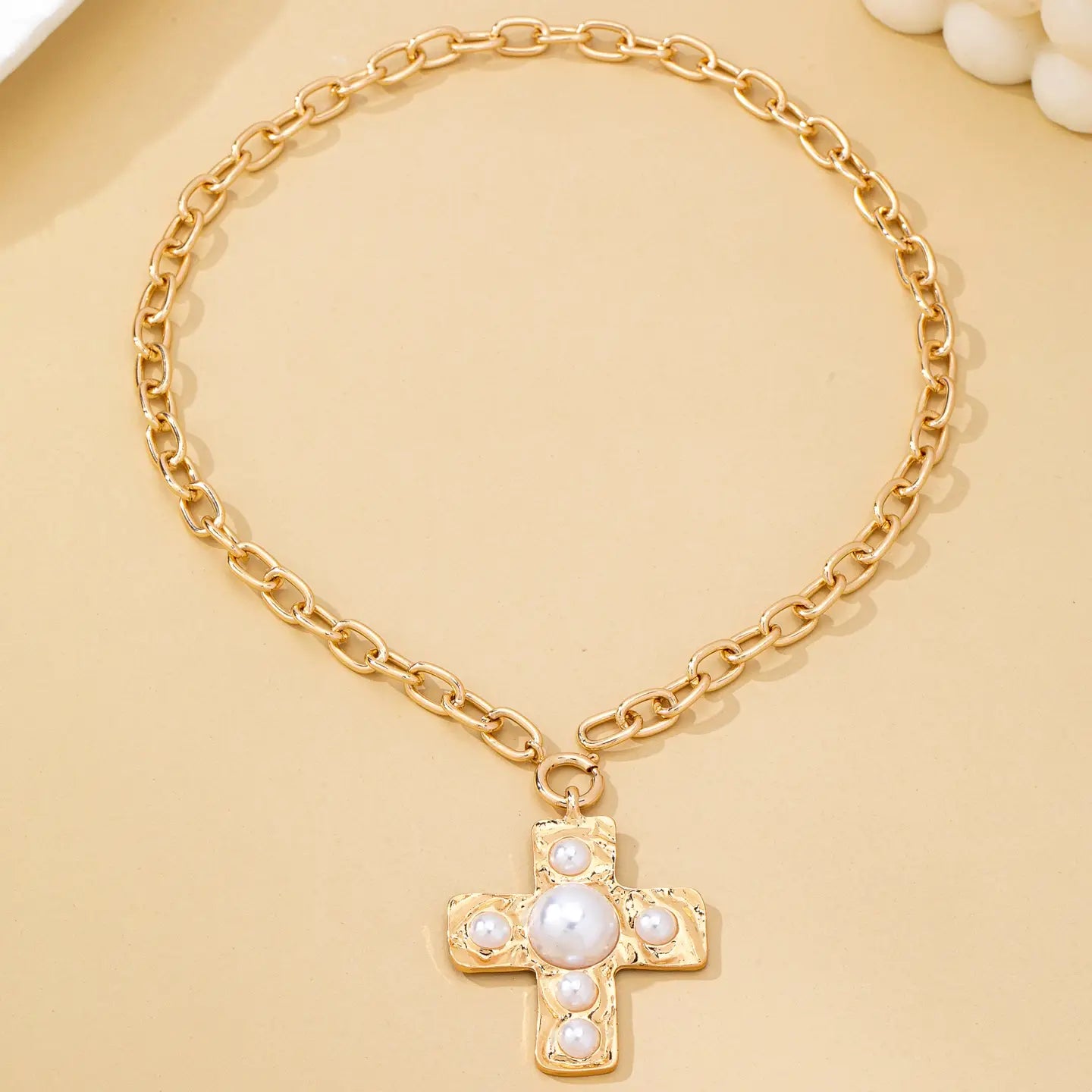Hammered Cross Pearl Necklace