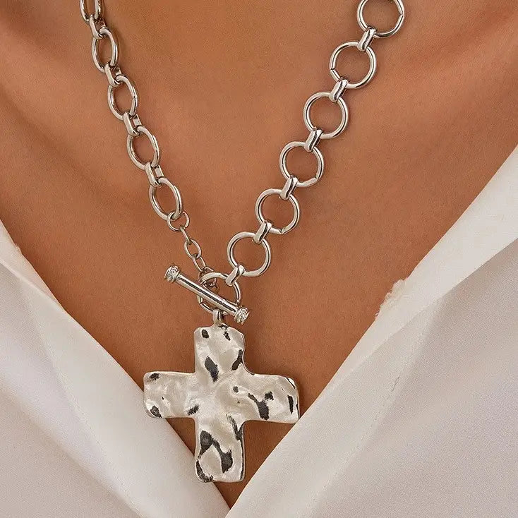 Hammered Chunky Cross Necklace