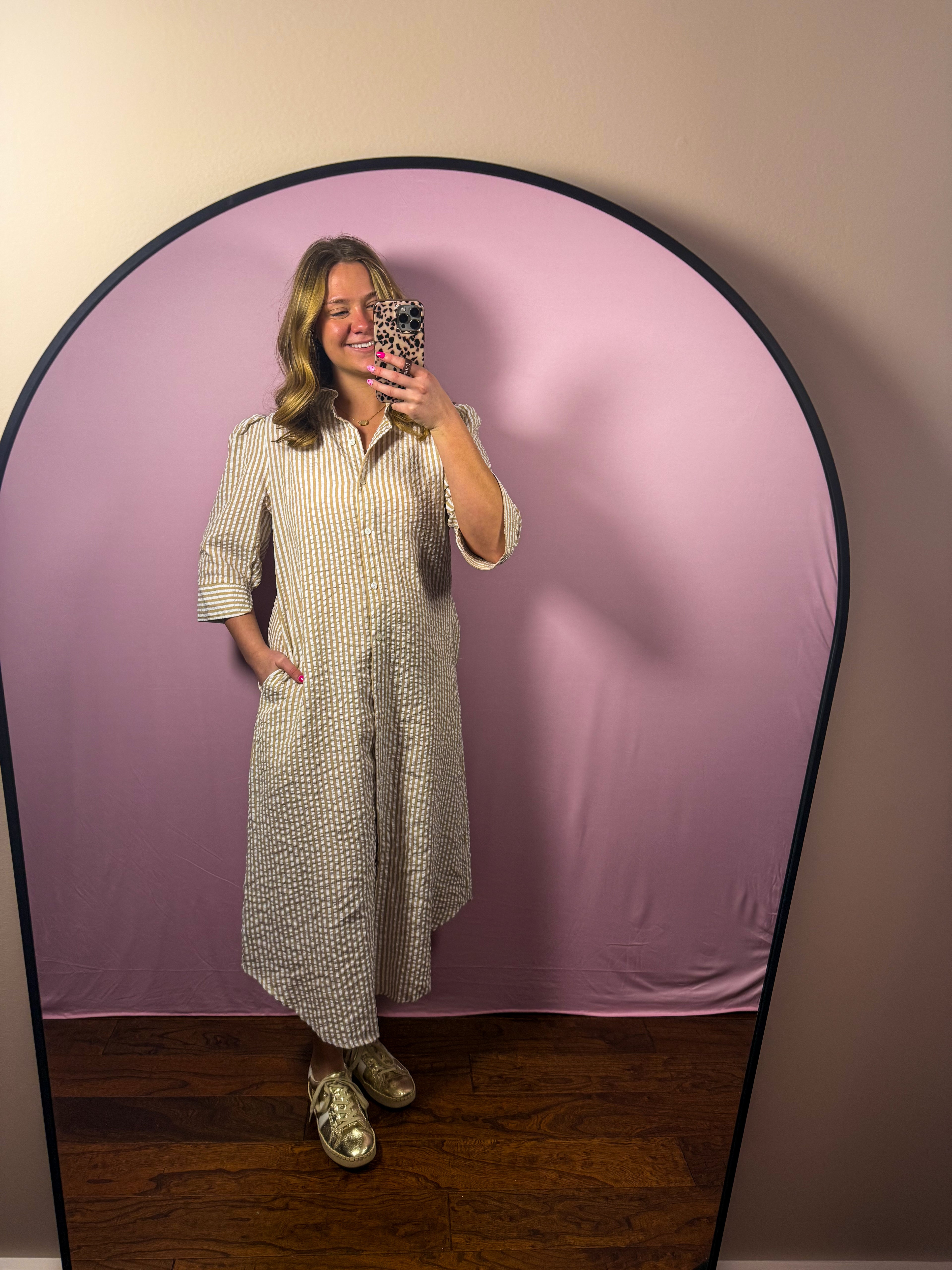 Sand Stripe Button Midi Dress