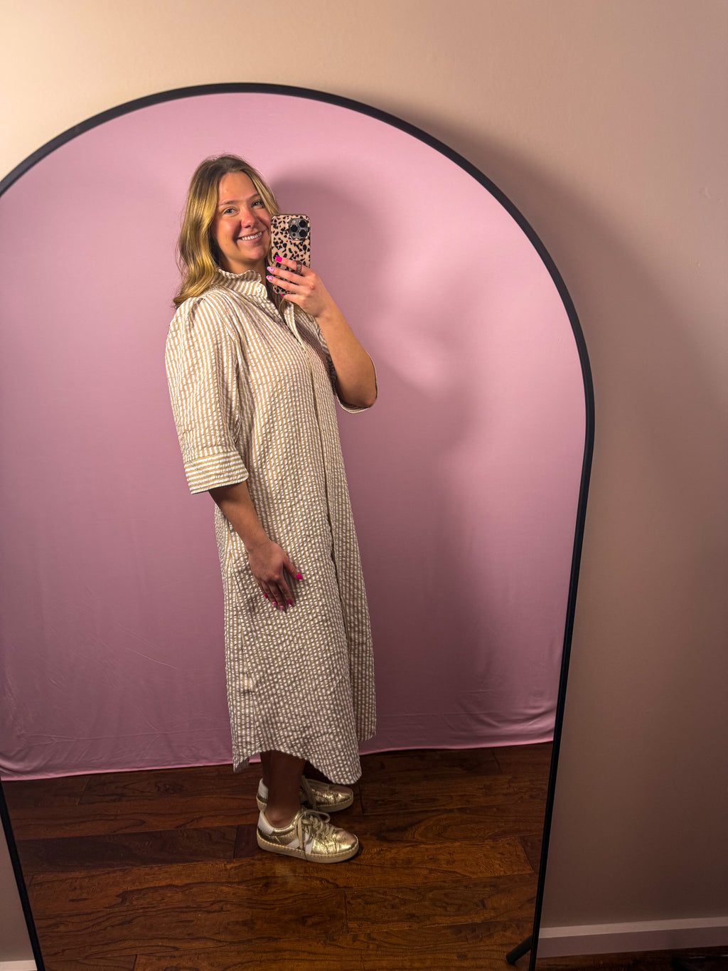 Sand Stripe Button Midi Dress